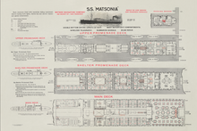 Load image into Gallery viewer, Vintage schematics in black and red type showing the deck plans of a steamship, including a black and white photograph of the ship.