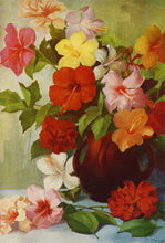 Load image into Gallery viewer, Painting of hibiscus flowers in pink, yellow, orange, and peach in a vase.