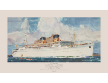 Load image into Gallery viewer, Watercolor art of the S.S. Lurline sailing on the ocean next to canoes with white border around it from artist Maurice Logan.