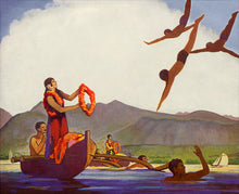 Load image into Gallery viewer, Vibrantly colored illustration depicting women standing in outrigger canoes offering lei while divers are coming down from the sky.