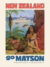 Load image into Gallery viewer, Colorful illustration of an indigenous woman from New Zealand sitting next to a tiki totem. The ocean scene behind her includes small boats and a large cruise ship. There is a white mountain range in the background. New Zealand is in bold red at the top and the words 'go Matson SS Mariposa SS Monterey' are written on the bottom.