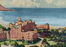 Load image into Gallery viewer, Watercolor painting featuring a coral pink hotel surrounded by green trees and blue ocean.
