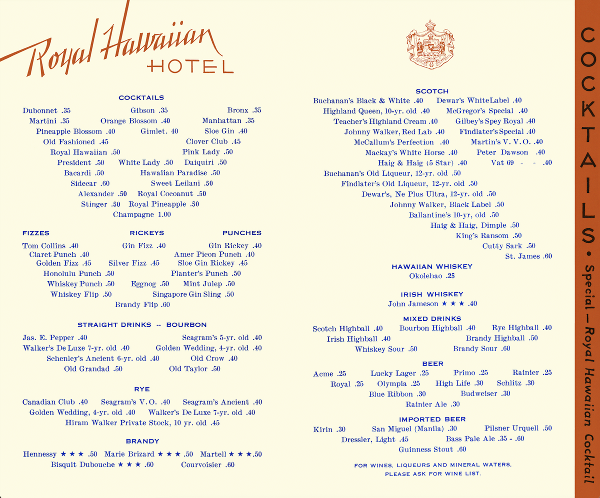  Hawaiian Hotel オリジナル メニュー Fishing in Hawaii, Royal Hawaiian Cocktail Menu, 1930s