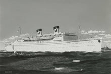 Load image into Gallery viewer, Black and white photo of the S.S. Lurline cruise ship sailing past two canoes from artist Melbourne Brindle.