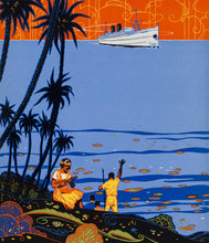Load image into Gallery viewer, Bright, neon colored illustration in blues, orange, yellow, and black. Scene is of a white cruise ship on the water in the distance while a man waves to it form ashore. There are two people standing next to him and a woman in hula skirt plays the ukulele while sitting under palm trees.