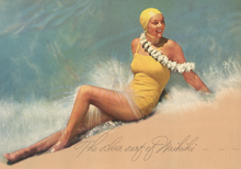 Load image into Gallery viewer, Color photograph of a woman in yellow swimsuit and yellow bathing cap reclining on a beach with the water behind her and the sand in front. "The silver surf of Waikiki" is written in script at the bottom.