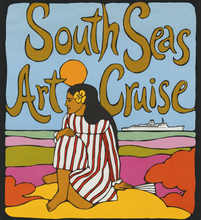 Load image into Gallery viewer, Colorful illustration titled "South Seas Art Cruise", featuring a woman in a white and red-striped dress sitting on colorful sands while a white cruise ships sails in the distance.