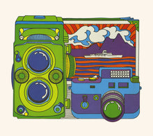 Load image into Gallery viewer, Illustration of a camera, projector and photos. Colors are bright and bold shades of gree, blue, purple, white, red, orange, and yellow. Set against a bone-white background.