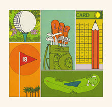 Load image into Gallery viewer, 1960's style illustrations of a golf ball, golf clubs in a golf bag, a pencil and scorecard, 18th hole flag, and gold course map in bright colors of orange, green, yellow, and white. Set against a bone-white background.