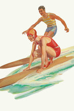 Load image into Gallery viewer, Color illustration on white background of man standing on a surfboard wearing orange striped tank top and blue shorts next a woman in a red two-piece bathing suit and orange bathing cap crouching on her own surfboard riding a wave.