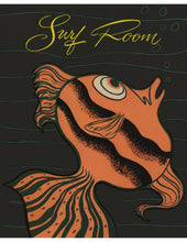 Load image into Gallery viewer, Bold graphic illustration of an orange tropical fish with black stripes set against a black background. "Surf Room" written in bright yellow at the top.