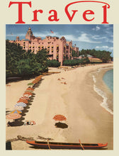 Load image into Gallery viewer, Color photo of Travel magazine cover in the 1930s featuring colorful umbrellas lined up on Waikiki Beach with the pink Royal Hawaiian Hotel in the background.
