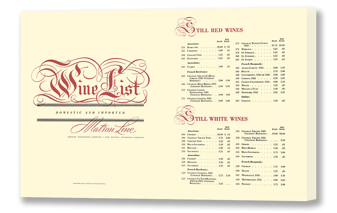Wine List, Matson Lines, 1940