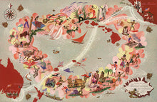 Load image into Gallery viewer, Artist  and colorful illustration of Matson Liners cruise route in the South Pacific map featuring a pink flower lei featuring images of native people, plants, animals, homes and boats.