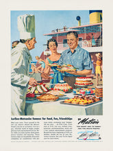 Load image into Gallery viewer, Illustrated advertisement for Matson Lines cruises featuring a chef presenting food from a table full of various dishes to a couple on the deck of a ship.