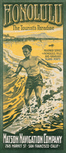 Load image into Gallery viewer, Vintage Hawaii travel brochure cover illustration in yellow, white, and gray shades of a man standing on a surfboard riding a wave. “Honolulu the Tourist’s Paradise” written at the top, “Matson Navigation Company 268 Market St., San Francisco” written at the bottom.