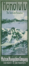 Load image into Gallery viewer, Vintage travel brochure illustration in shades of blue of a man crouching on a surfboard riding a wave. “Honolulu the Tourist’s Paradise” written at the top, “Matson Navigation Company 268 Market St., San Francisco” written at the bottom.