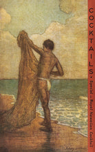 Load image into Gallery viewer, Illustration of a native Hawaiian fisherman holding a fishing net while standing on the beach. The words "Cocktails Special - Royal Hawaiian cocktail" are written down the right side.