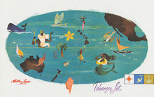 Load image into Gallery viewer, Colorful illustration of a globe-shaped map with the United Staes at top right and Australia at bottom left and Hawaiian islands in between.. There are pictures of island natives, various animals and sea creatures, along with King Neptune, a mermaid and sailboats. The words "Matson Lines Passenger List" are written at the bottom.
