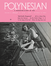 Load image into Gallery viewer, "Polynesian" magazine headline on a pink banner above a black and white photograph of two smiling women on a sailboat in Waikiki..