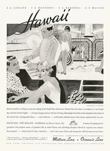 Load image into Gallery viewer, Black and white drawing of a cruise ship deck scene featuring swimmers in a pool and others standing around it in the background. A standing man pours a drink for a sitting couple in the foreground.