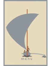 Load image into Gallery viewer, A simple menu cover with two figures in an outrigger canoe with a silver-gray sail and orange mast on a beige background, with the word 'menu' written below in a stylized font.