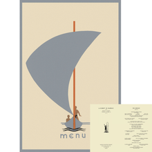 Load image into Gallery viewer, A vintage-style travel poster or menu card design shown on a white background, featuring a minimalist sailboat illustration with the word 'menu' and a smaller inset showing printed menu text.