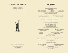 Load image into Gallery viewer, A printed menu titled 'A NIGHT IN HAWAII' with the heading 'NA MEAI MENU' and a list of Hawaiian dishes, printed on a  beige background.