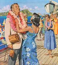 Load image into Gallery viewer, A woman adjusts a lei on a male traveler standing on the deck of a ship.