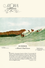 Load image into Gallery viewer, Aloha Magazine cover in full color featuring surfers riding a wave with a mountain range in the background and a paragraph of text below the image.