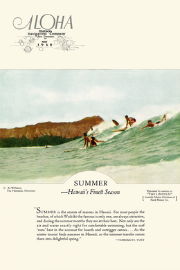Aloha Magazine cover in full color featuring surfers riding a wave with a mountain range in the background and a paragraph of text below the image.