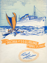 Load image into Gallery viewer, Vintage-style illustration of a ship sailing with an outrigger canoe and text on a light background