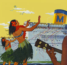 Load image into Gallery viewer, Artistic depiction of two hula dancers in front of a cruise ship with a large &#39;M&#39; on the hull.