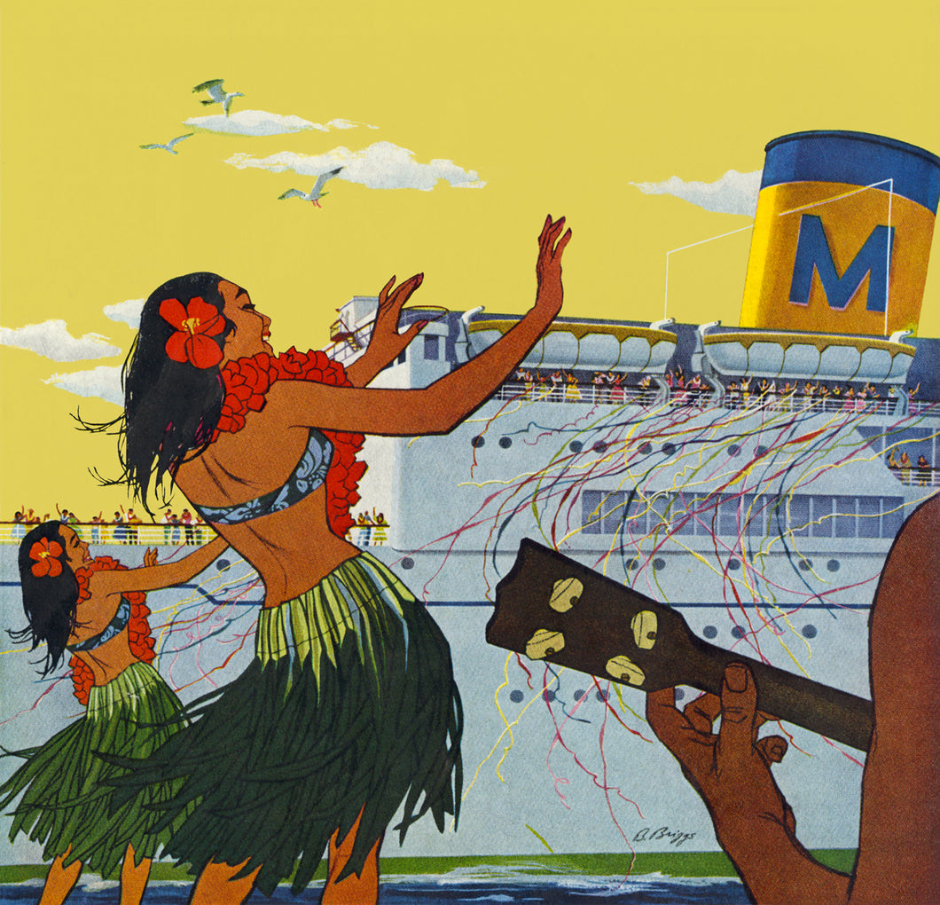 Artistic depiction of two hula dancers in front of a cruise ship with a large 'M' on the hull.