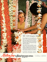 Load image into Gallery viewer, Bright and colorful advertisement for Matson Line to Hawaii, New Zealand, and Australia featuring several flower lei hanging at a stand and two women interacting.