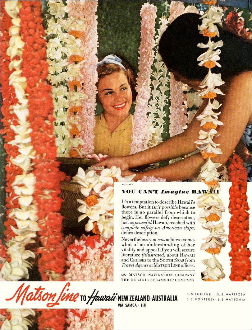 Bright and colorful advertisement for Matson Line to Hawaii, New Zealand, and Australia featuring several flower lei hanging at a stand and two women interacting.