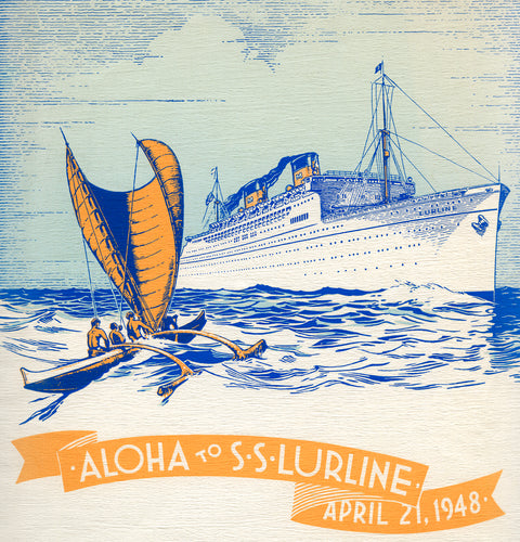 Illustration of a sailboat and a large ship with 'Aloha to S.S. Lurline' text on a textured background.