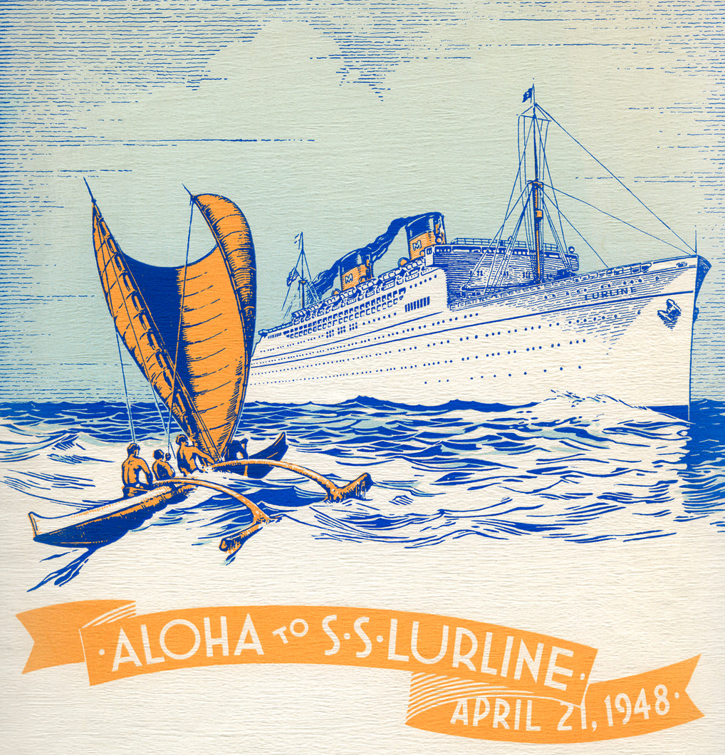 Illustration of a sailboat and a large ship with 'Aloha to S.S. Lurline' text on a textured background.