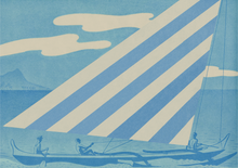 Load image into Gallery viewer, Illustration in multiple shades of blue and white of 3 men in an outrigger canoe with a blue and white striped sail.