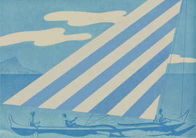 Illustration in multiple shades of blue and white of 3 men in an outrigger canoe with a blue and white striped sail.