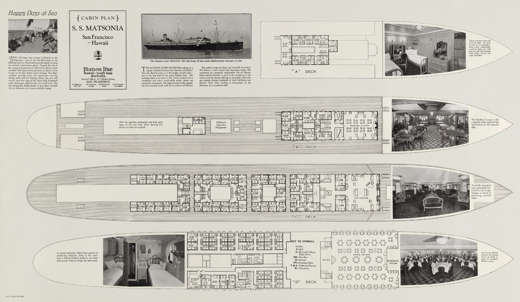 Unfolded brochure of the S.S. Matsonia cruise ship cabin plan. There are drawings of all the ship decks and layouts, including photographs and text descriptions.