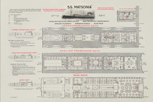 Load image into Gallery viewer, Vintage schematics in black and red type showing the deck plans of a steamship, including a black and white photograph of the ship. 