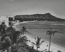 Load image into Gallery viewer, Black and white photograph with palm trees in foreground, beach and ocean bay in the middle, and a mountain in the background. There are buildings along the left side beside the water.