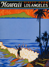 Load image into Gallery viewer, Vintage style illustration in neon colors. Surfer on a wave, palm trees, and mountain.