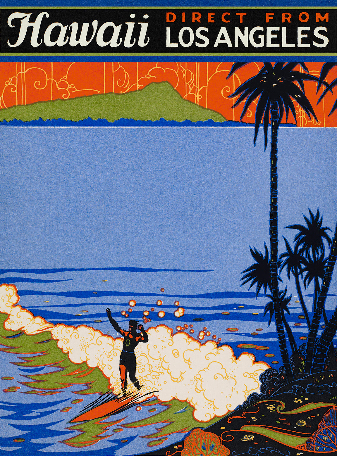 Vintage style illustration in neon colors. Surfer on a wave, palm trees, and mountain.