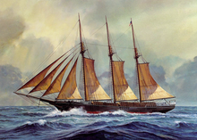 Load image into Gallery viewer, Full color picture of a ship with seven sails and a red hull on blue waters set against a cloudy sky.