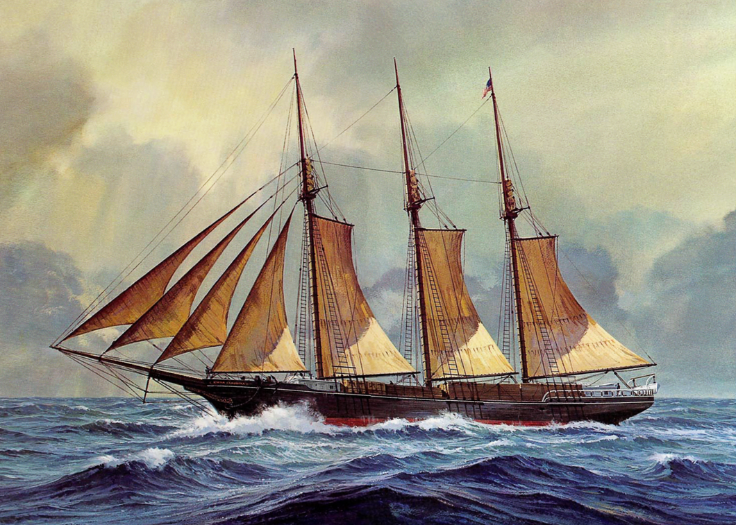 Full color picture of a ship with seven sails and a red hull on blue waters set against a cloudy sky.