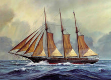 Load image into Gallery viewer, Painting of a three-masted sailing ship on choppy waters with a cloudy sky.
