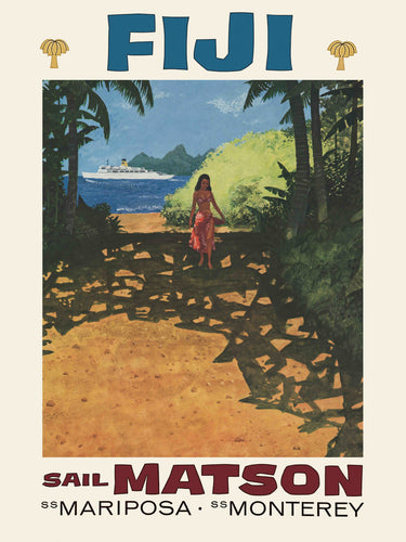 Bold colored illustration of a native island woman walking on the sand beneath the shade of palm trees. In the background is a white cruise ship in blue water. Written above is 