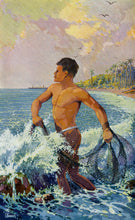 Load image into Gallery viewer, Man with fishing nets in a coastal scene with palm trees and a ship.
